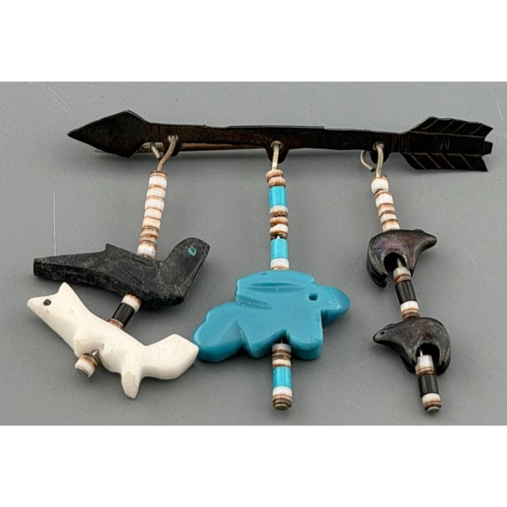 Vintage Southwestern Fetish Bar Pin Sterling Silver Animals Arrow Turquoise 2"